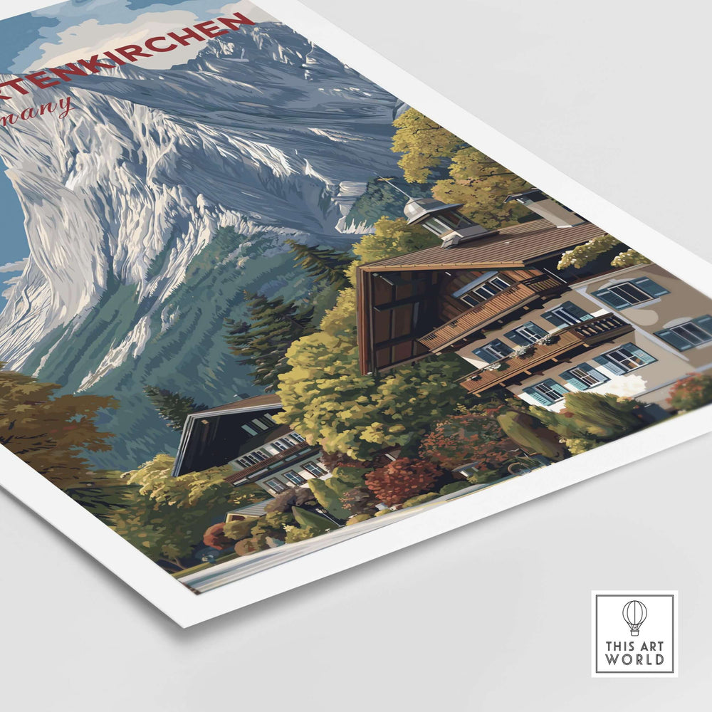 Garmisch-Partenkirchen Bavarian Alps View Print | Mountain Lodge Wall Decor showcasing the alpine landscape and rustic homes.