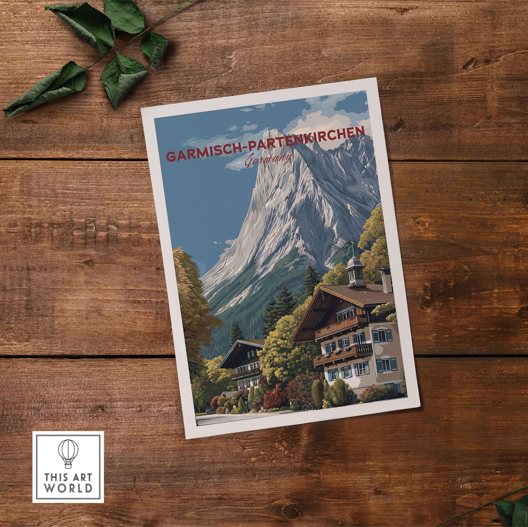 Garmisch-Partenkirchen Bavarian Alps View Print | Mountain Lodge Wall Decor on wooden background with rustic charm.