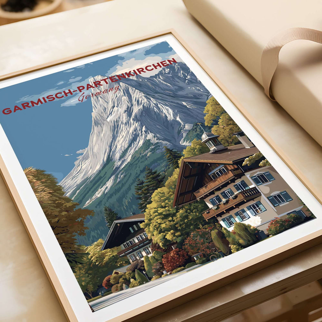 Garmisch-Partenkirchen Bavarian Alps View Print | Mountain Lodge Wall Decor featuring a picturesque mountain landscape and lodge.
