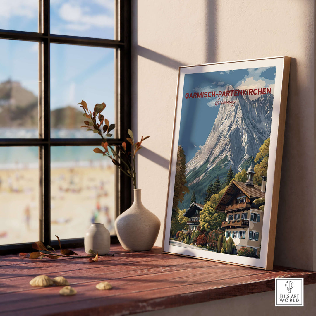 Garmisch-Partenkirchen Bavarian Alps View Print | Mountain Lodge Wall Decor displayed in a cozy room with a scenic view.