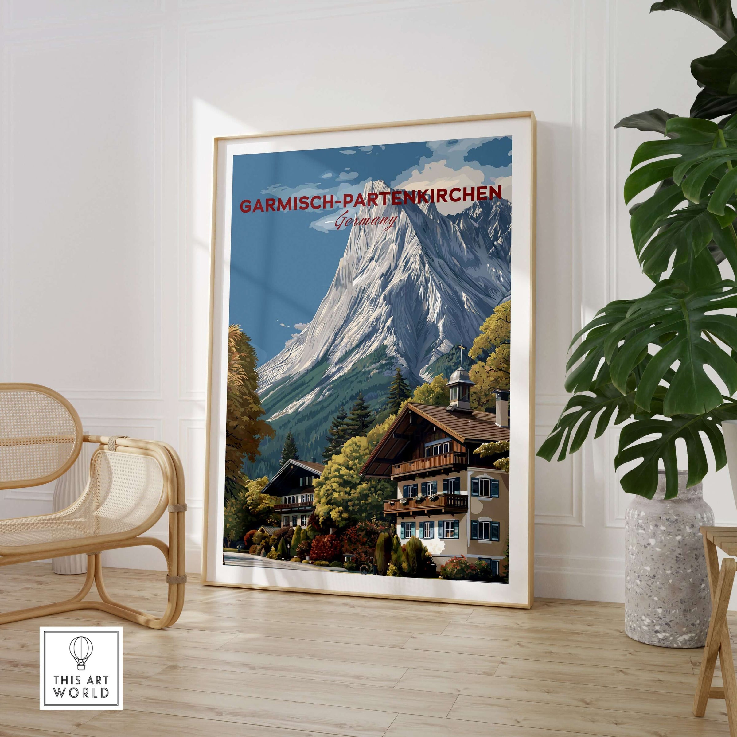 Garmisch-Partenkirchen Bavarian Alps View Print | Mountain Lodge Wall Decor in a stylish living room setting.