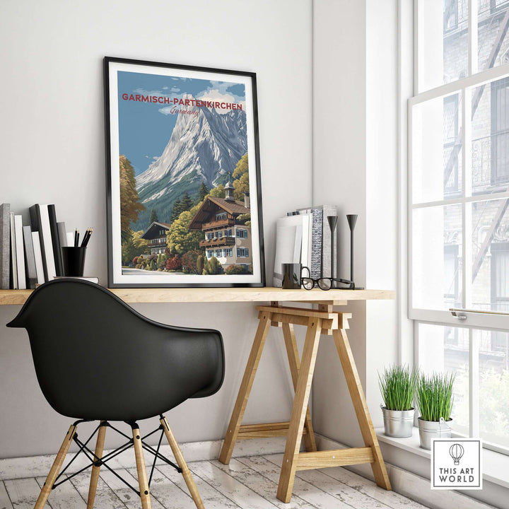Garmisch-Partenkirchen Bavarian Alps View Print | Mountain Lodge Wall Decor in a stylish home office setting.