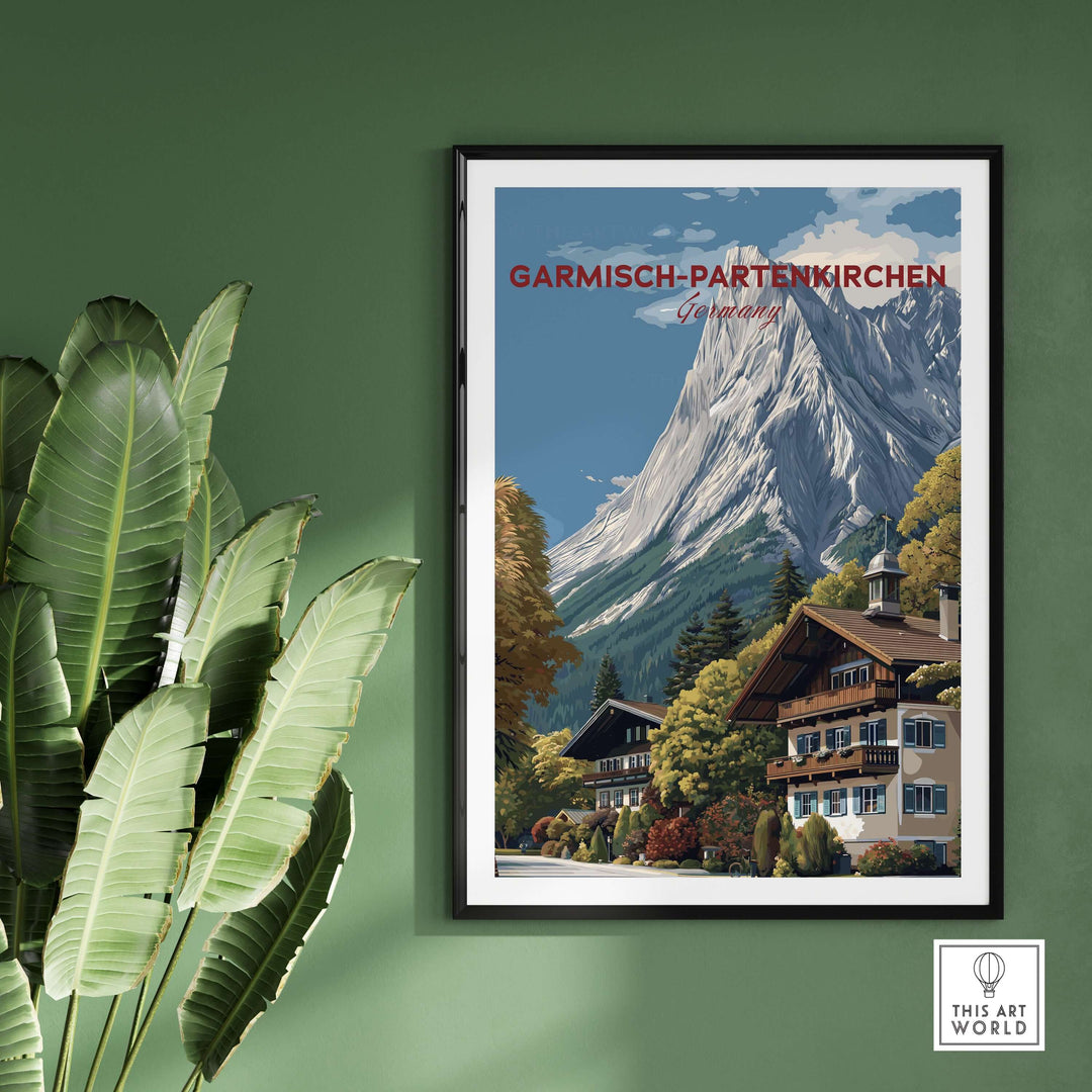 Garmisch-Partenkirchen Bavarian Alps View Print | Mountain Lodge Wall Decor on a green wall with plants