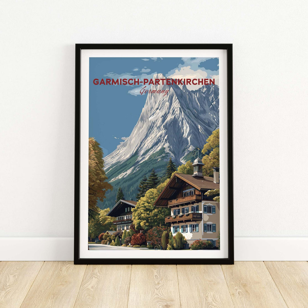 Garmisch-Partenkirchen Bavarian Alps View Print | Mountain Lodge Wall Decor framed artwork showcasing alpine landscape.