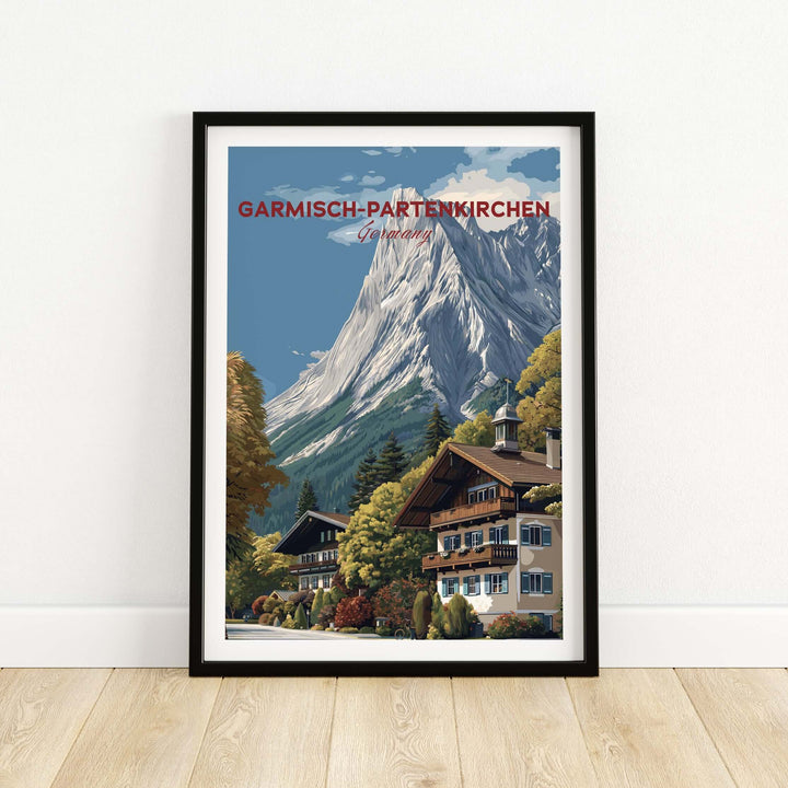Garmisch-Partenkirchen Bavarian Alps View Print | Mountain Lodge Wall Decor framed artwork showcasing alpine landscape.