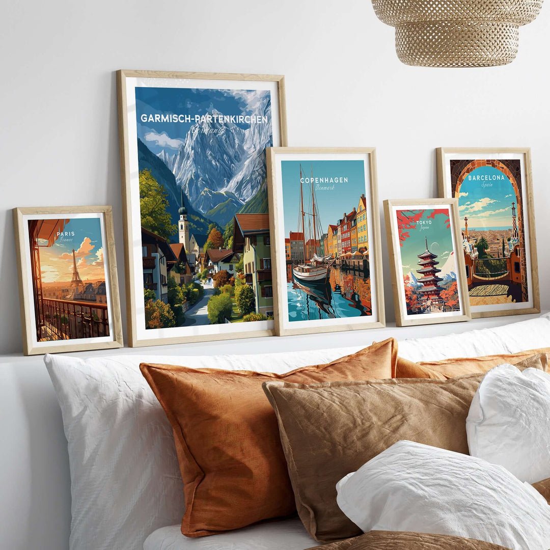 Garmisch-Partenkirchen Print | Bavarian Home Decor displayed among various travel posters in a cozy living room.