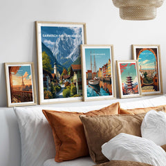 Garmisch-Partenkirchen Print | Bavarian Home Decor framed prints showcasing Bavarian landscapes on a stylish decor sofa.