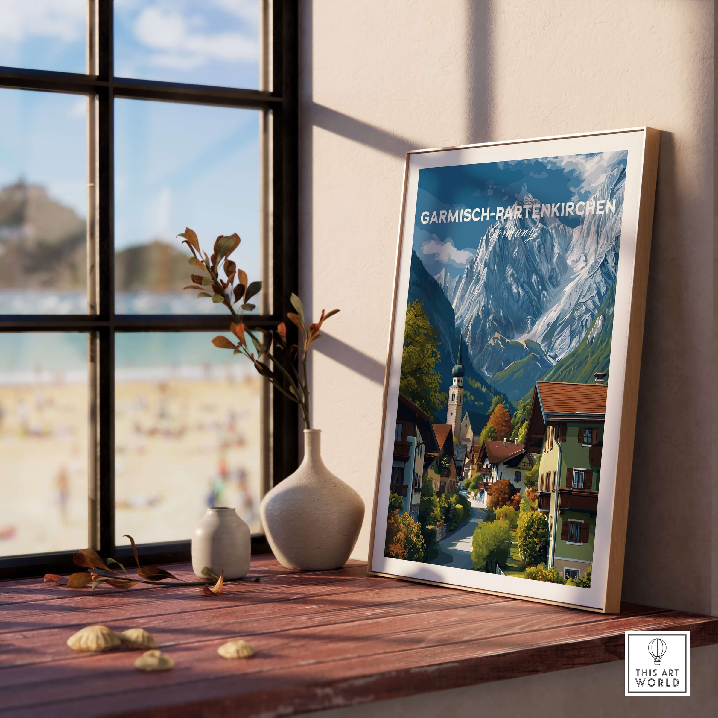Garmisch-Partenkirchen Print | Bavarian Home Decor showcased on a wooden table by a window with a cozy atmosphere.