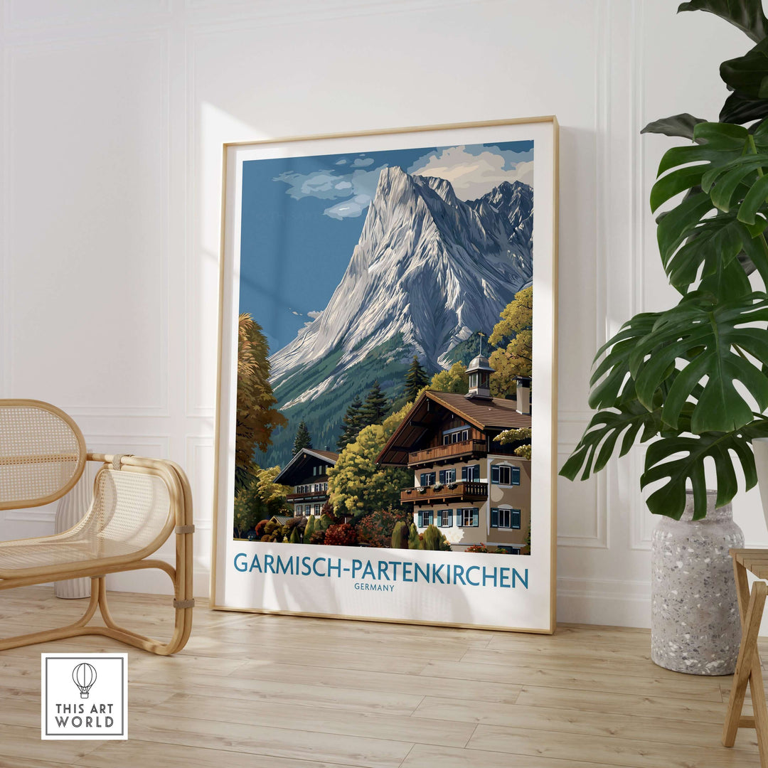 Garmisch-Partenkirchen Germany Mountain Town Art Print | Alpine Chalet Poster displayed in a cozy interior setting.