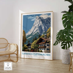 Garmisch-Partenkirchen Germany Mountain Town Art Print | Alpine Chalet Poster displayed in a cozy interior setting.