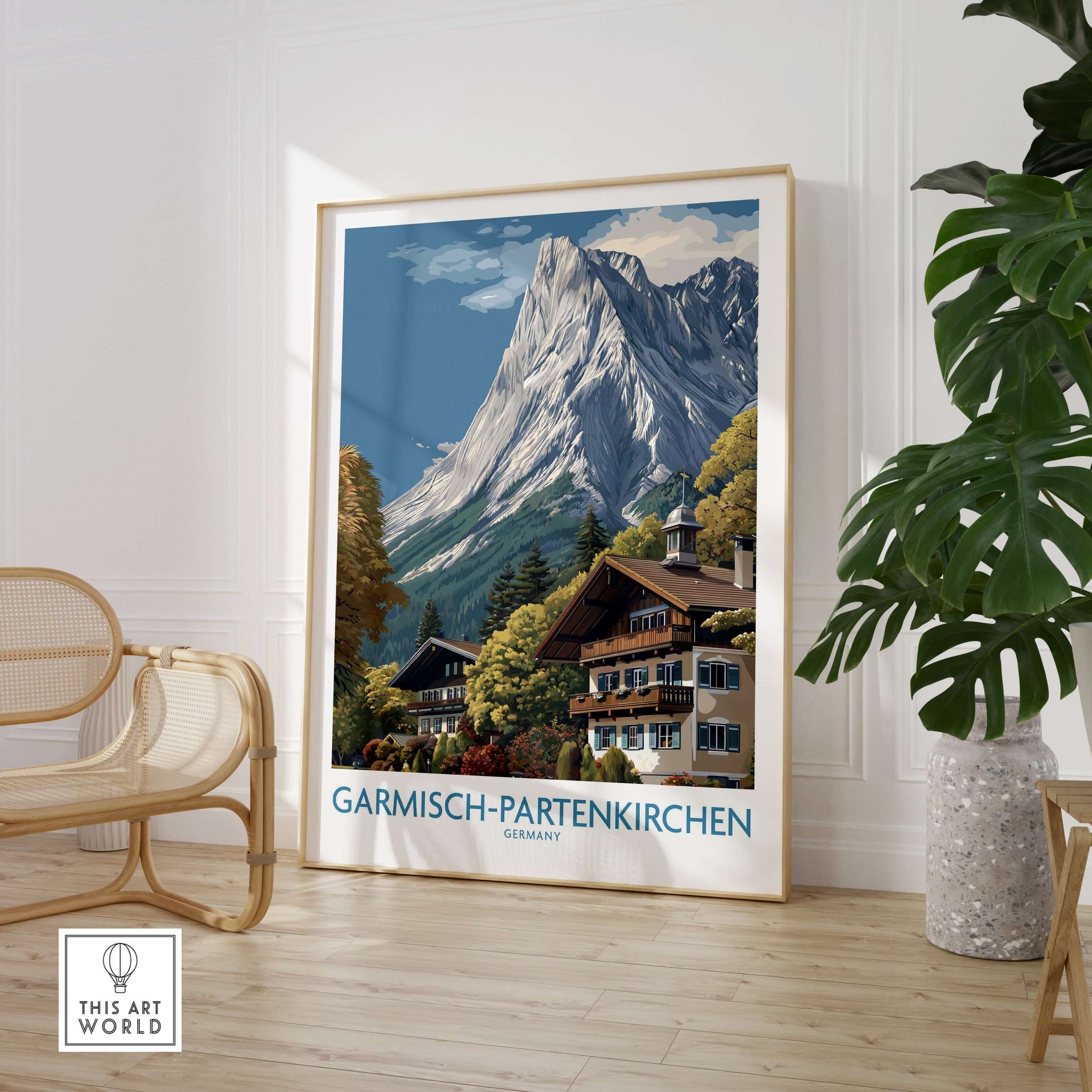 Garmisch-Partenkirchen Germany Mountain Town Art Print | Alpine Chalet Poster displayed in a cozy interior setting.