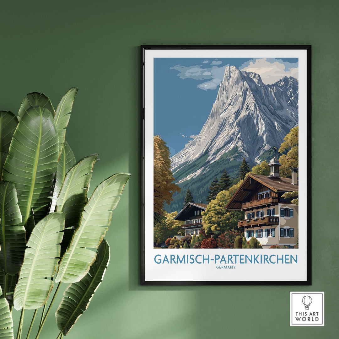 Garmisch-Partenkirchen Germany Mountain Town Art Print | Alpine Chalet Poster featuring a scenic mountain view.