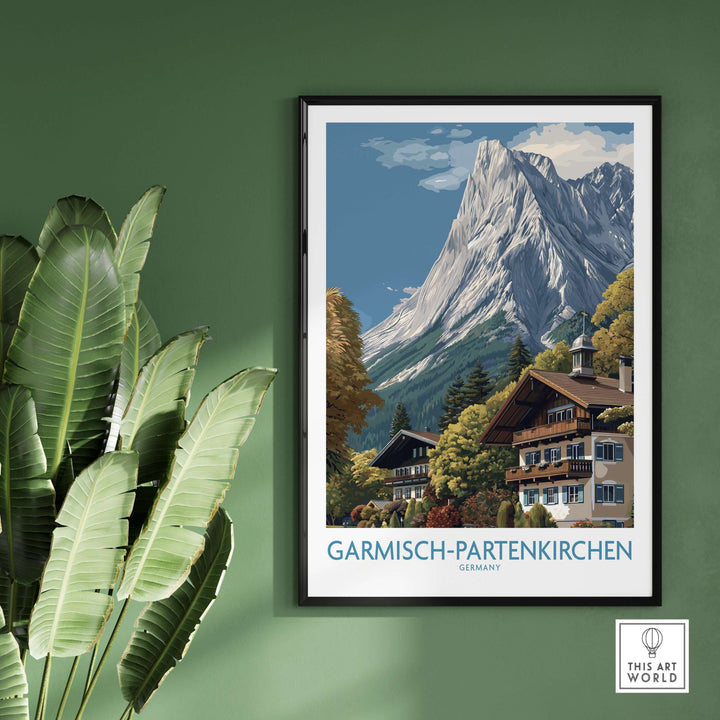 Garmisch-Partenkirchen Germany Mountain Town Art Print | Alpine Chalet Poster featuring a scenic mountain view.