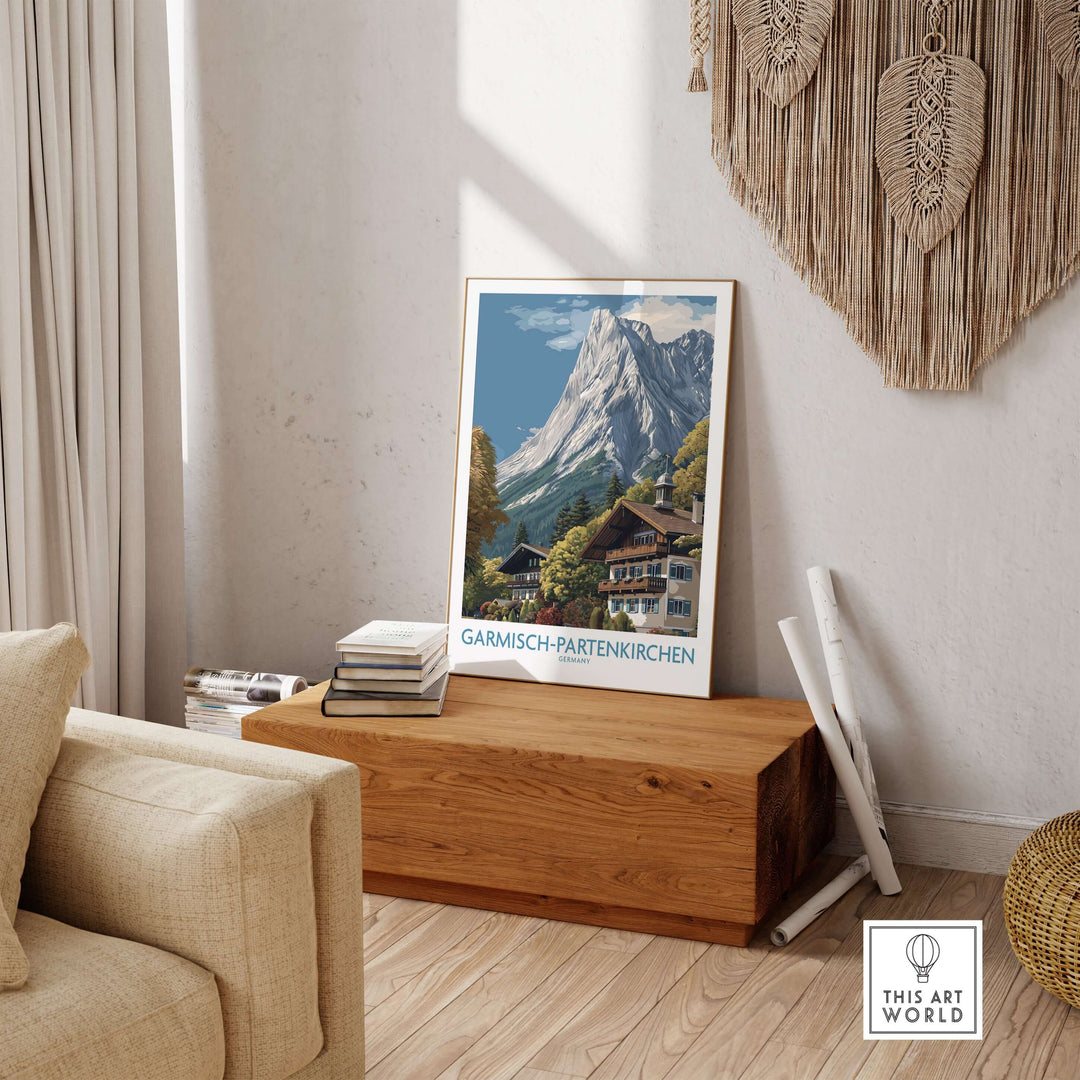 Garmisch-Partenkirchen Germany Mountain Town Art Print | Alpine Chalet Poster displayed in a cozy living room setting.