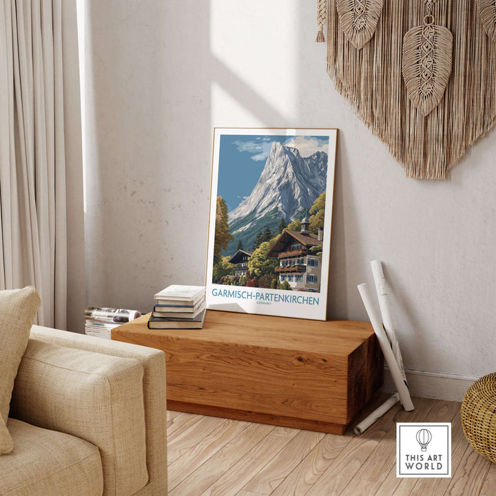 Garmisch-Partenkirchen Germany Mountain Town Art Print | Alpine Chalet Poster displayed in a cozy living room setting.