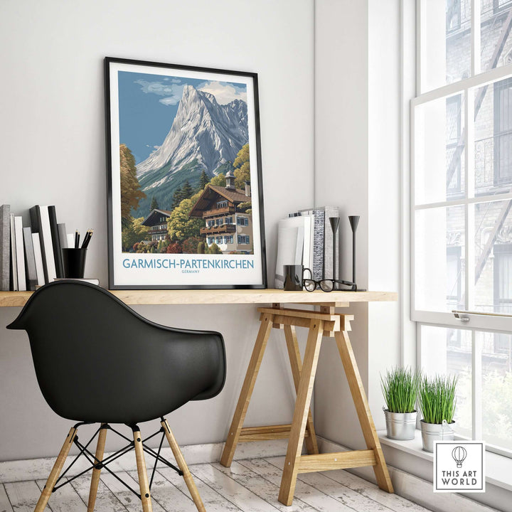 Garmisch-Partenkirchen Germany Mountain Town Art Print | Alpine Chalet Poster displayed in a modern home office.