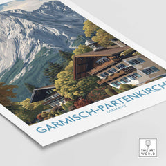 Garmisch-Partenkirchen Germany Mountain Town Art Print | Alpine Chalet Poster featuring a charming alpine chalet and majestic mountains.