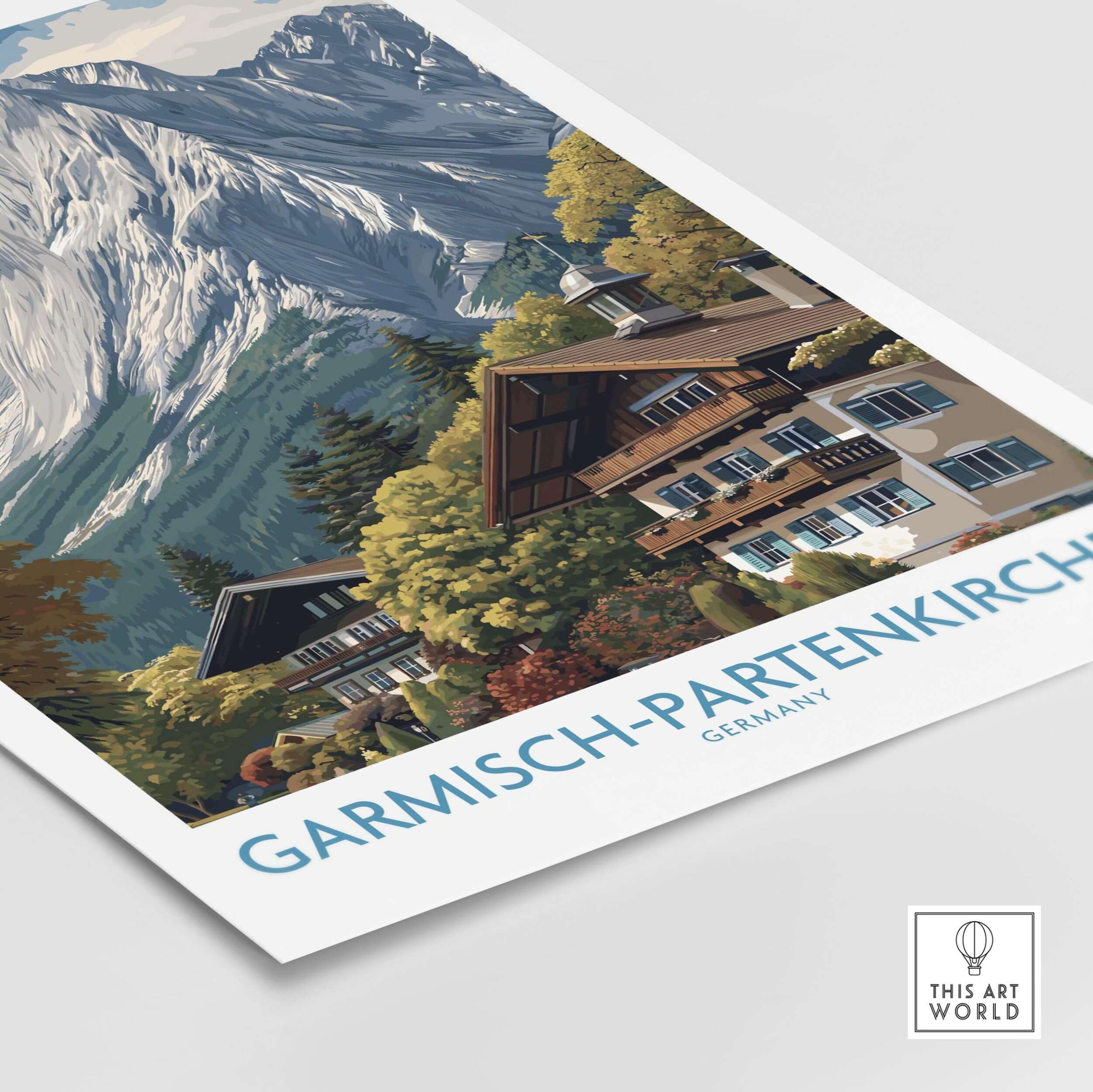 Garmisch-Partenkirchen Germany Mountain Town Art Print | Alpine Chalet Poster featuring a charming alpine chalet and majestic mountains.