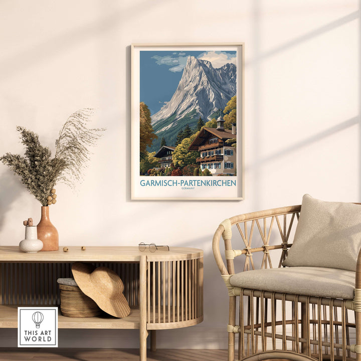 Garmisch-Partenkirchen Germany Mountain Town Art Print | Alpine Chalet Poster framed on wall with furniture decor.