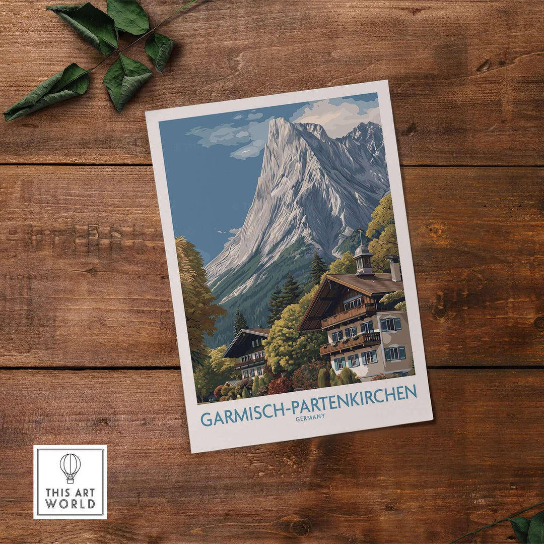 Garmisch-Partenkirchen Germany Mountain Town Art Print | Alpine Chalet Poster showcasing majestic peaks and rustic charm.