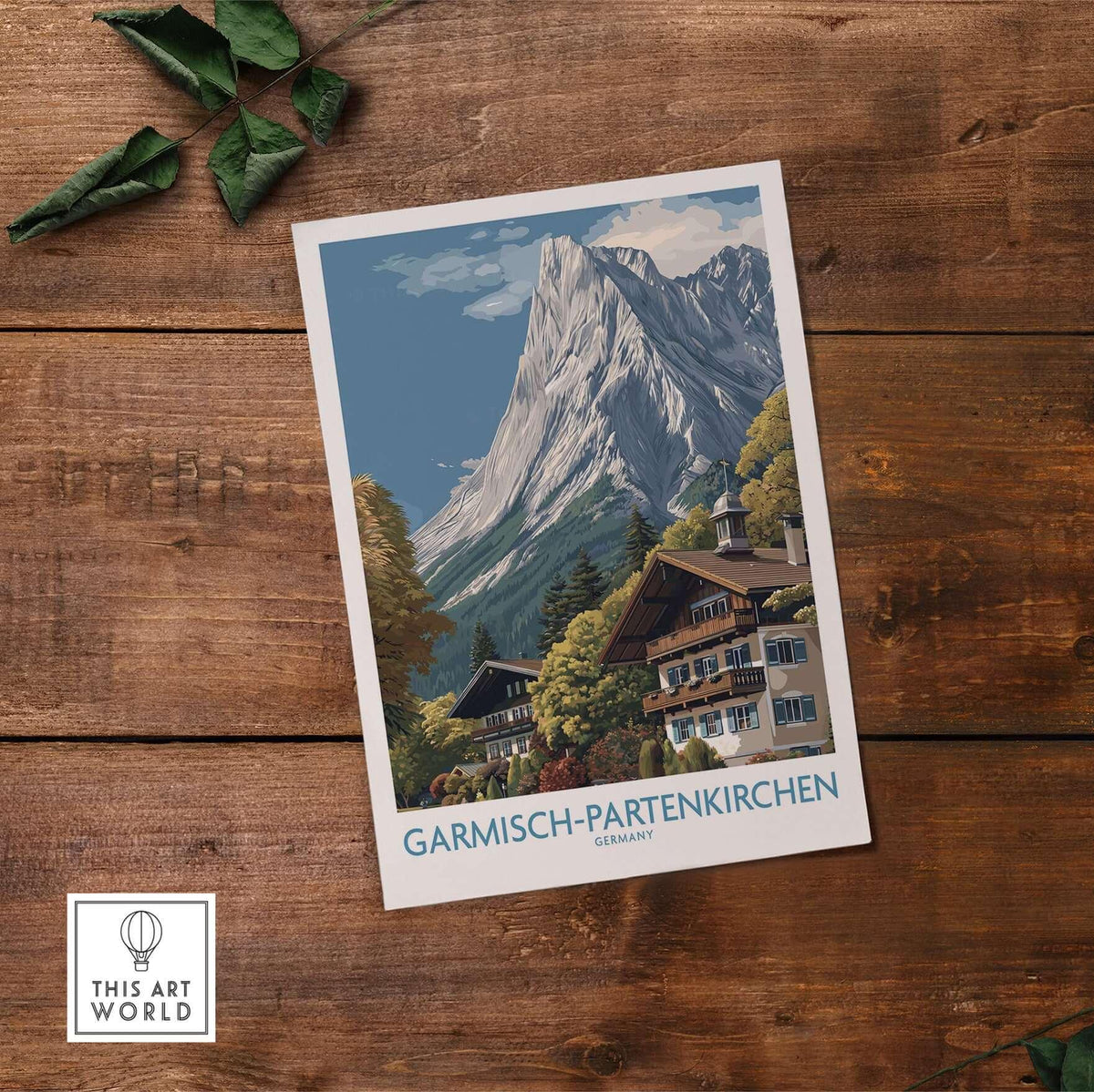 Garmisch-Partenkirchen Germany Mountain Town Art Print | Alpine Chalet Poster featuring majestic mountains and cozy chalets.
