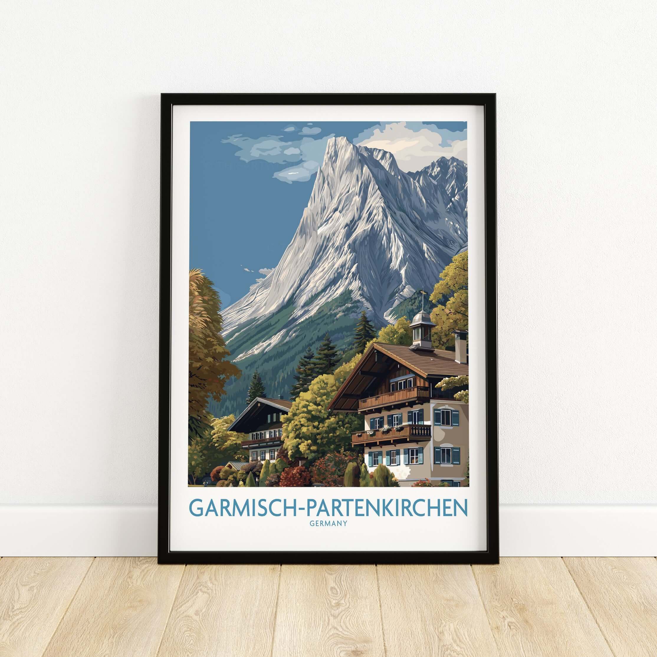 Garmisch-Partenkirchen Germany Mountain Town Art Print | Alpine Chalet Poster featuring a stunning mountain landscape.
