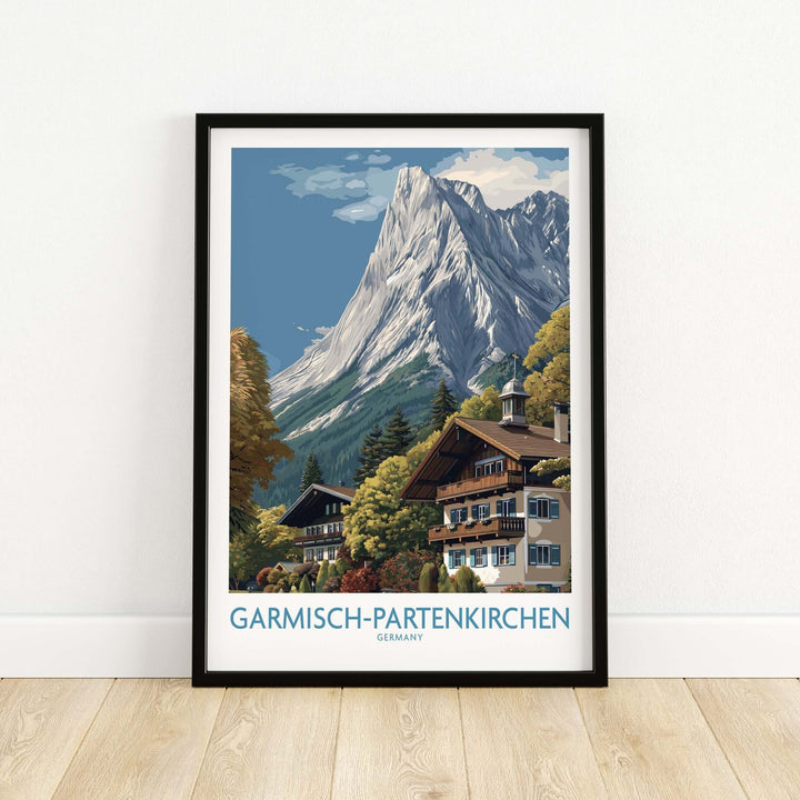 Garmisch-Partenkirchen Germany Mountain Town Art Print | Alpine Chalet Poster showcasing a beautiful Bavarian landscape.