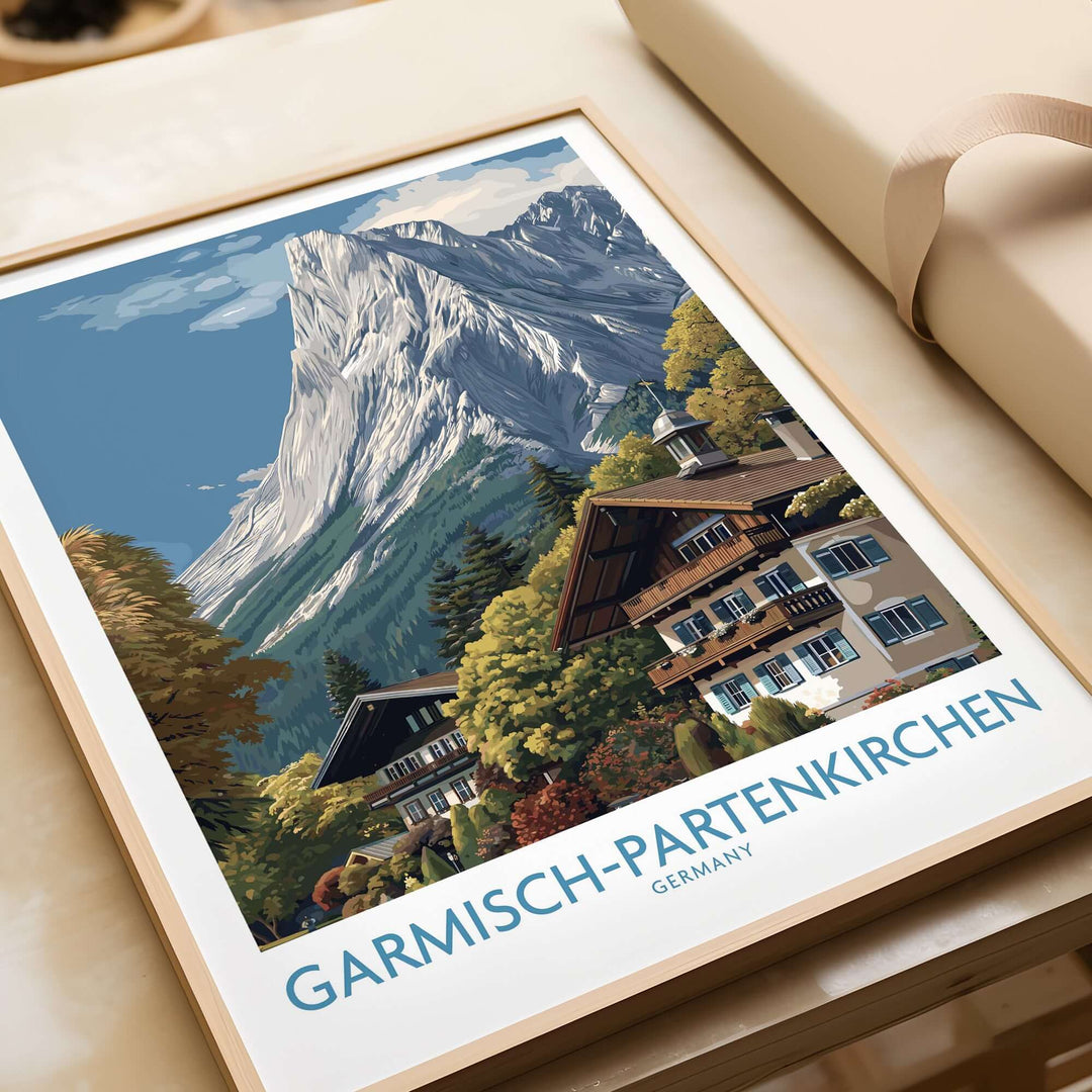 Garmisch-Partenkirchen Germany Mountain Town Art Print | Alpine Chalet Poster showcasing a picturesque mountain view.