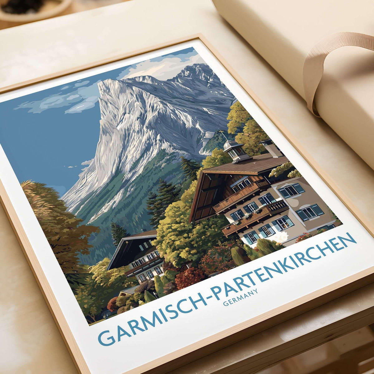 Garmisch-Partenkirchen Germany Mountain Town Art Print | Alpine Chalet Poster showcasing alpine beauty.