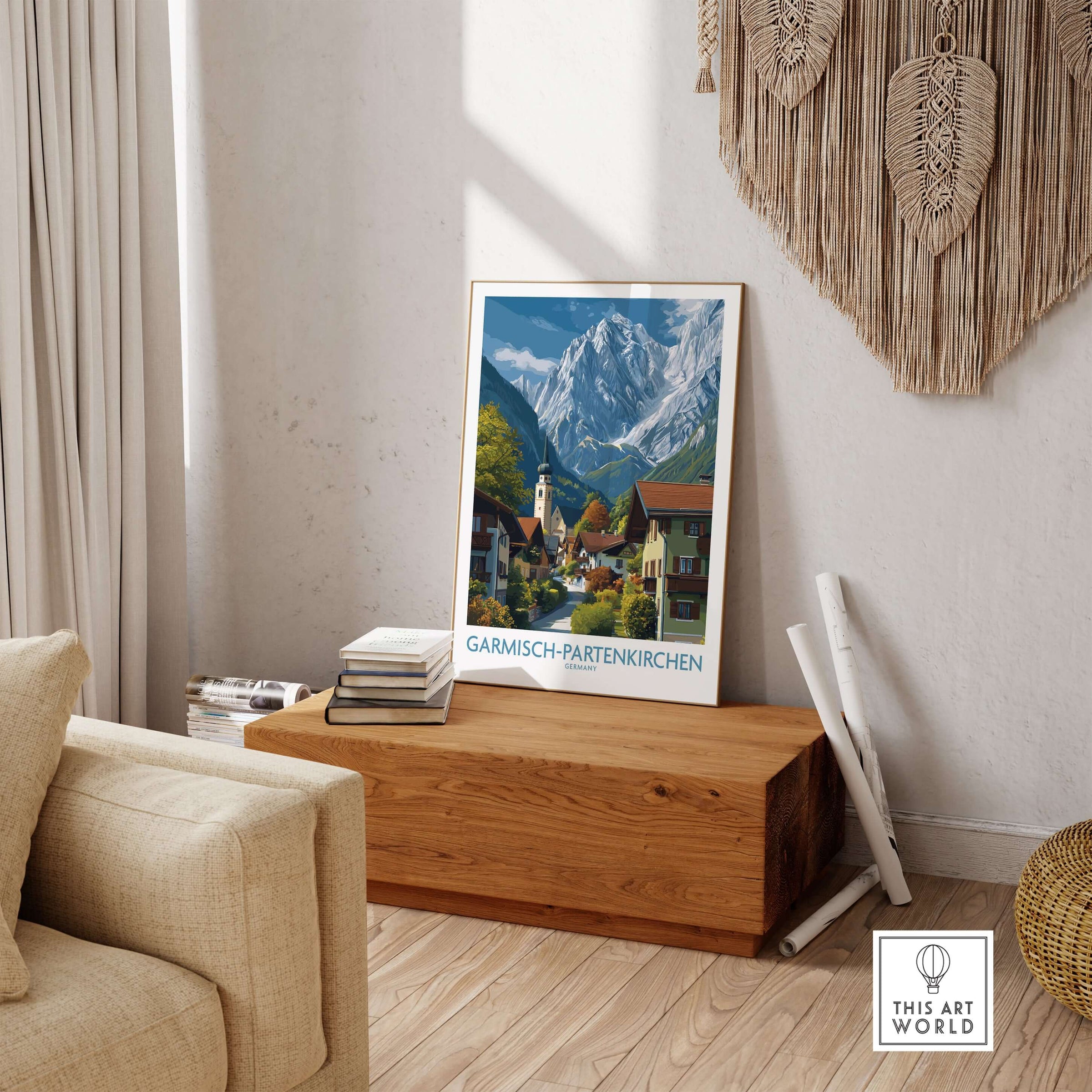 Garmisch-Partenkirchen Germany Snow-Capped Alps Art Print | Village Travel Poster displayed in a cozy living room setting.