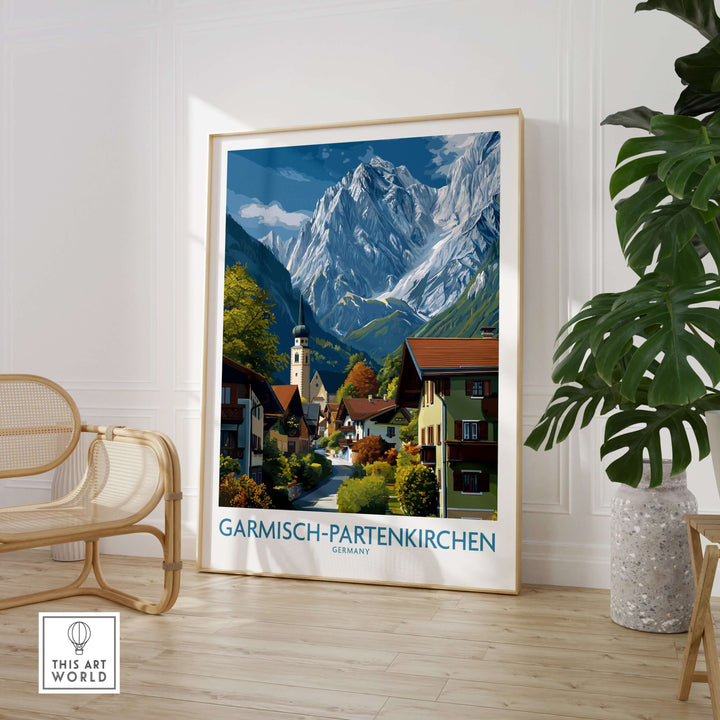 Garmisch-Partenkirchen Germany Snow-Capped Alps Art Print | Village Travel Poster featuring snowy mountains and a charming village.