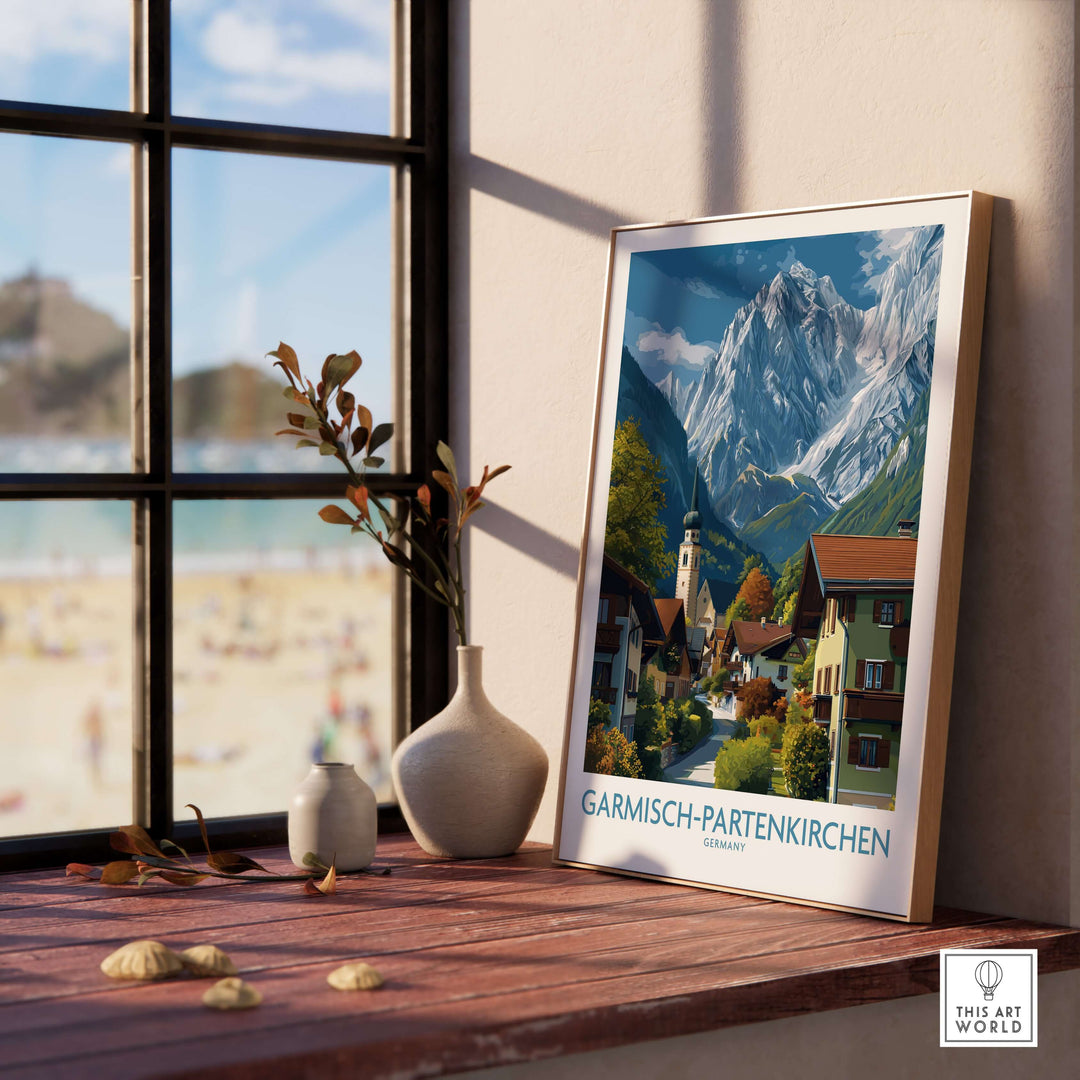Garmisch-Partenkirchen Germany Snow-Capped Alps Art Print | Village Travel Poster displayed in a sunny interior.