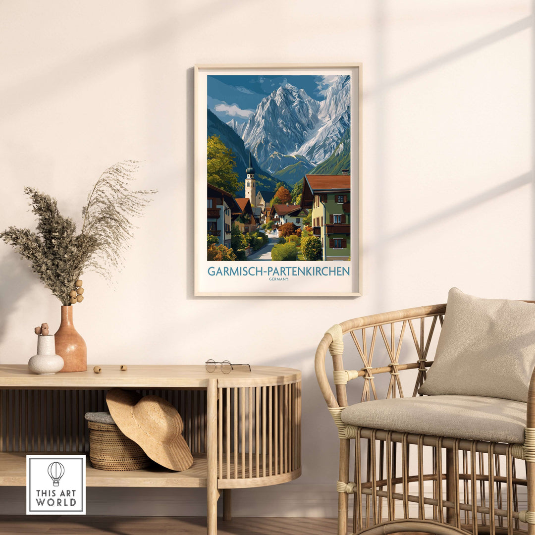Garmisch-Partenkirchen Germany Snow-Capped Alps Art Print | Village Travel Poster displayed in a cozy living room setting.