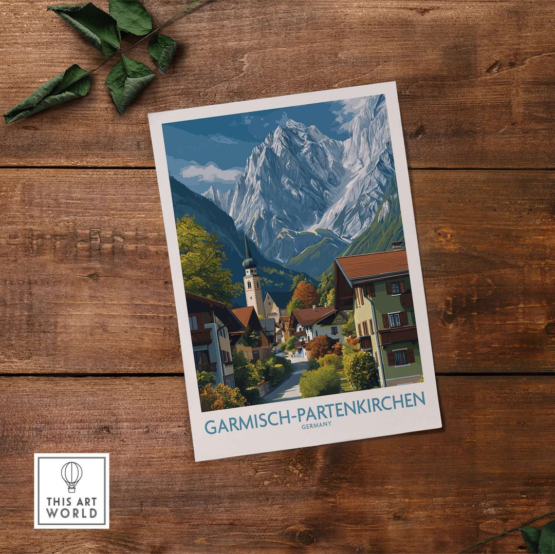 Garmisch-Partenkirchen Germany Snow-Capped Alps Art Print | Village Travel Poster showcasing a charming alpine village.