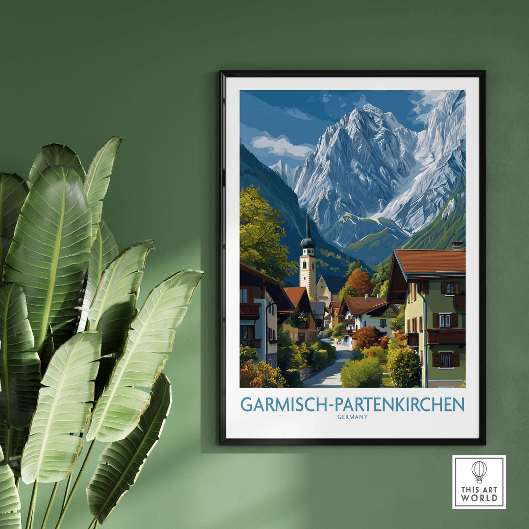 Garmisch-Partenkirchen Germany Snow-Capped Alps Art Print | Village Travel Poster showcasing a scenic village and snowy mountains.