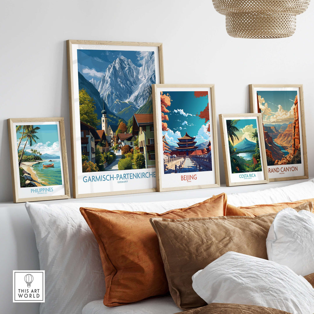 Garmisch-Partenkirchen Germany Snow-Capped Alps Art Print | Village Travel Poster displayed among other travel posters.