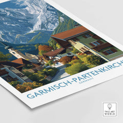 Garmisch-Partenkirchen Germany Snow-Capped Alps Art Print | Village Travel Poster featuring a charming alpine village.