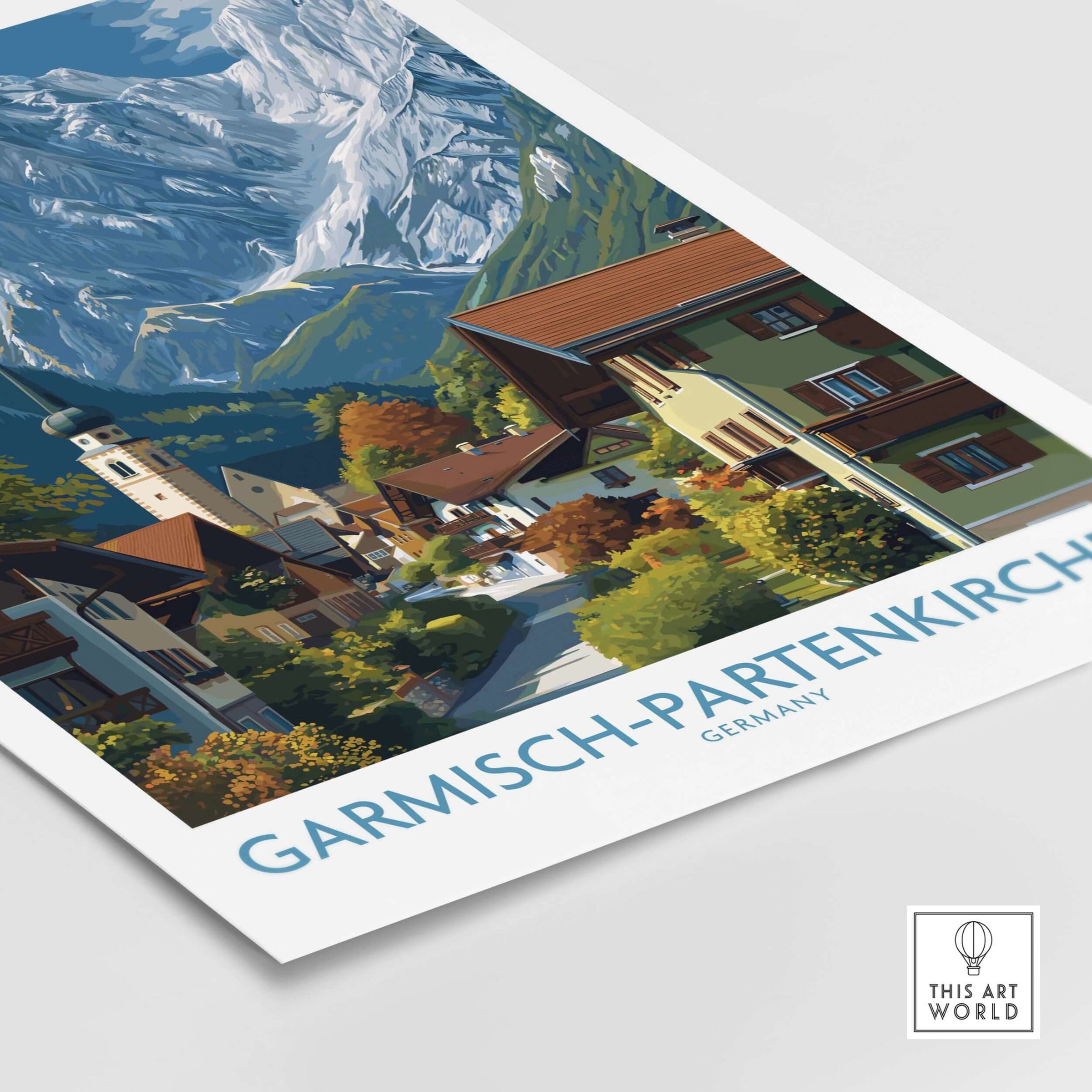 Garmisch-Partenkirchen Germany Snow-Capped Alps Art Print | Village Travel Poster featuring a charming alpine village.