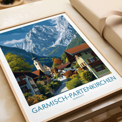 Garmisch-Partenkirchen Germany Snow-Capped Alps Art Print | Village Travel Poster depicting a charming village against snowy mountains.