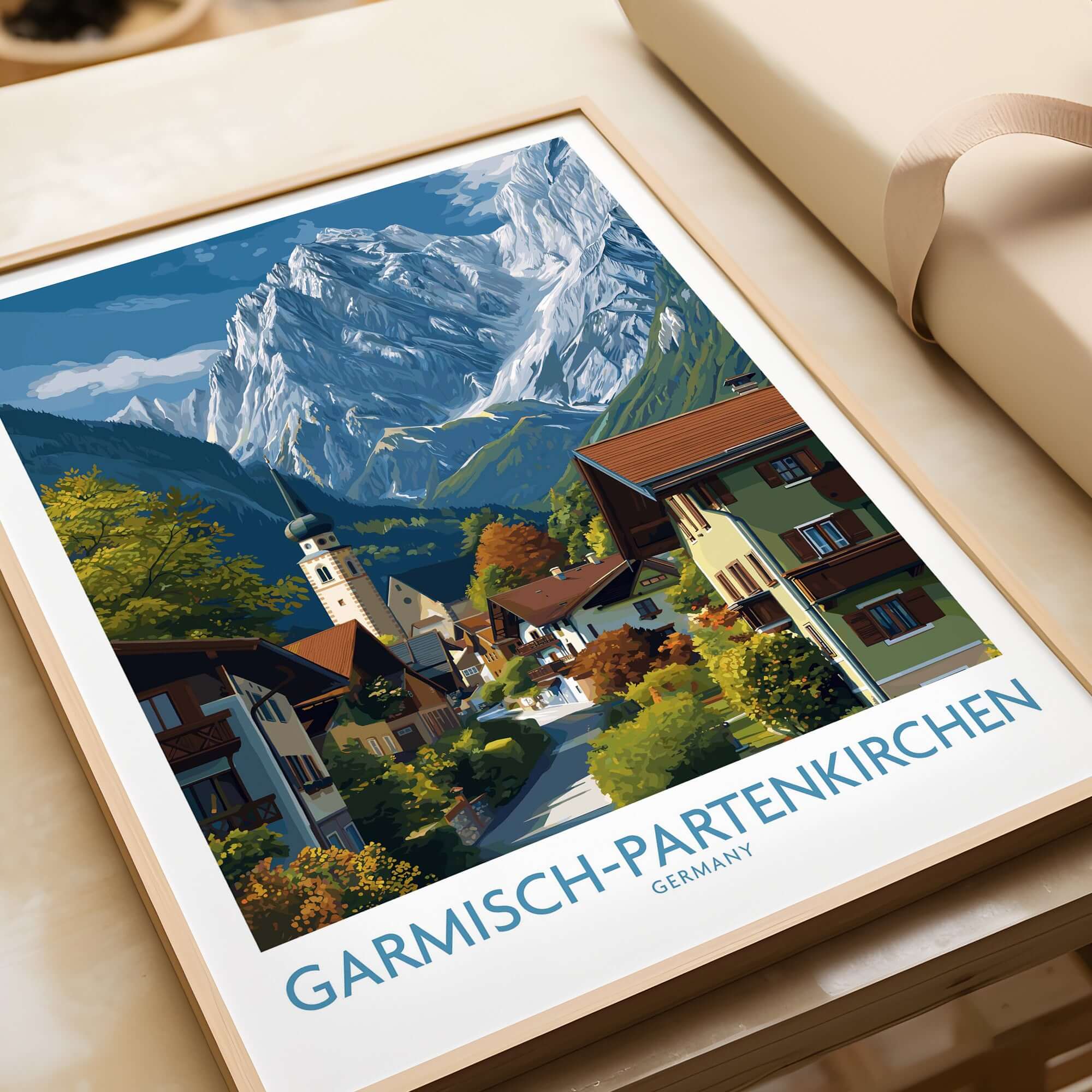 Garmisch-Partenkirchen Germany Snow-Capped Alps Art Print | Village Travel Poster depicting a charming village against snowy mountains.
