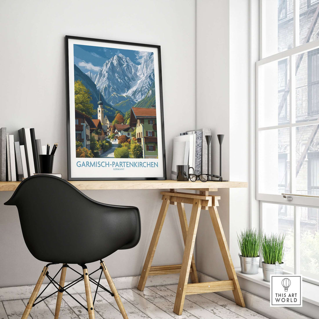 Garmisch-Partenkirchen Germany Snow-Capped Alps Art Print | Village Travel Poster displayed in a cozy interior setting.
