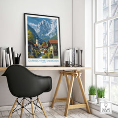 Garmisch-Partenkirchen Germany Snow-Capped Alps Art Print | Village Travel Poster showcased in a stylish interior setting.