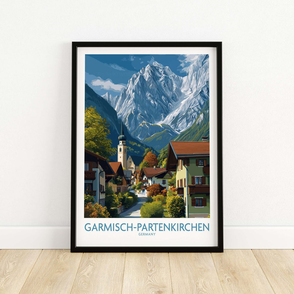 Garmisch-Partenkirchen Germany Snow-Capped Alps Art Print | Village Travel Poster displayed in a stylish frame.