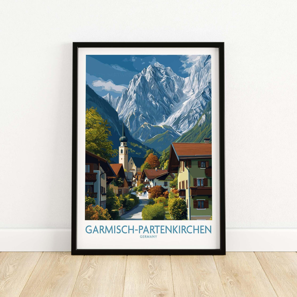 Garmisch-Partenkirchen Germany Snow-Capped Alps Art Print | Village Travel Poster framed on a wall.