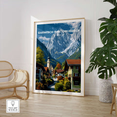 Garmisch-Partenkirchen Print | Bavarian Home Decor featuring a scenic mountain view with quaint houses.