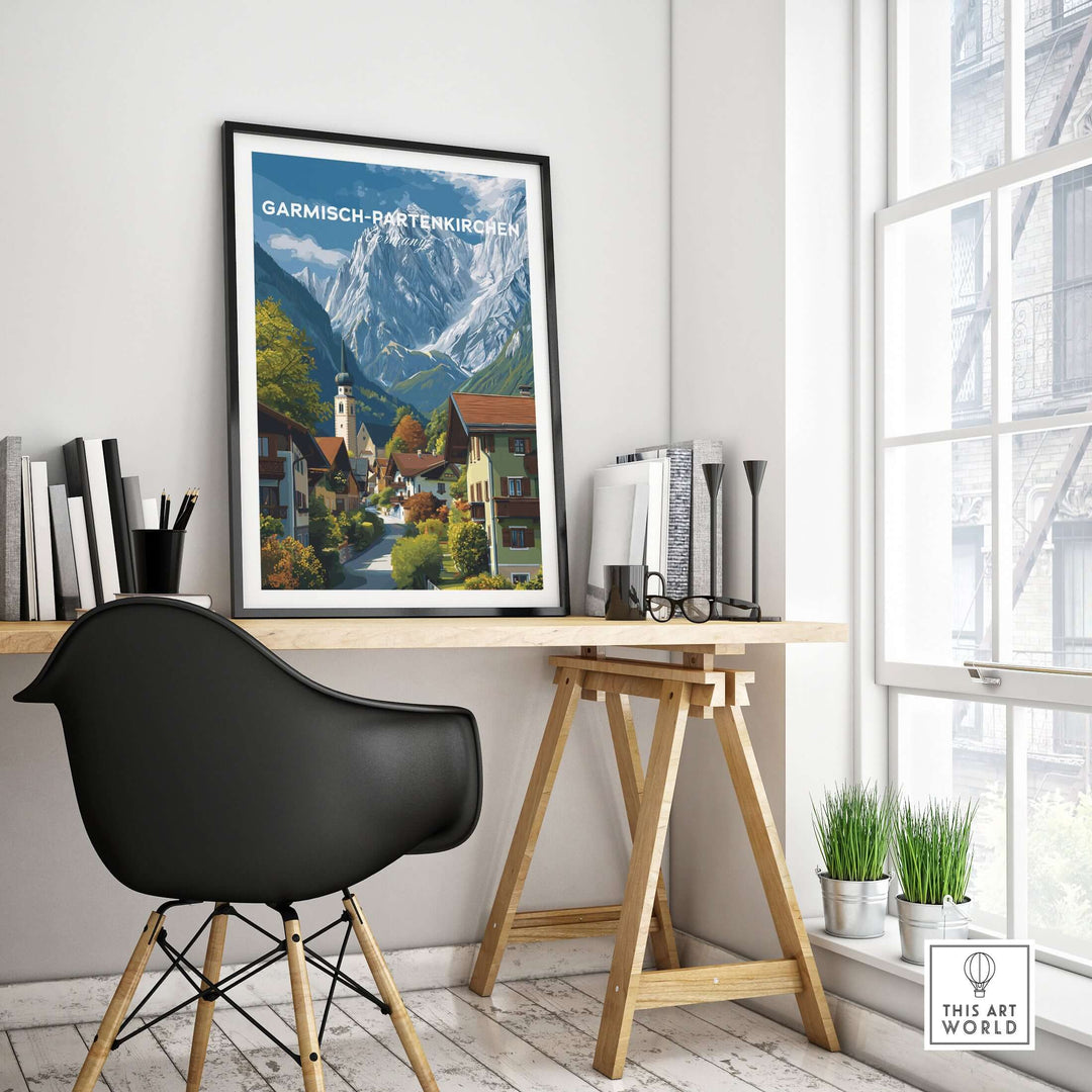 Garmisch-Partenkirchen Print | Bavarian Home Decor displayed in a modern room with a stylish desk and chair.