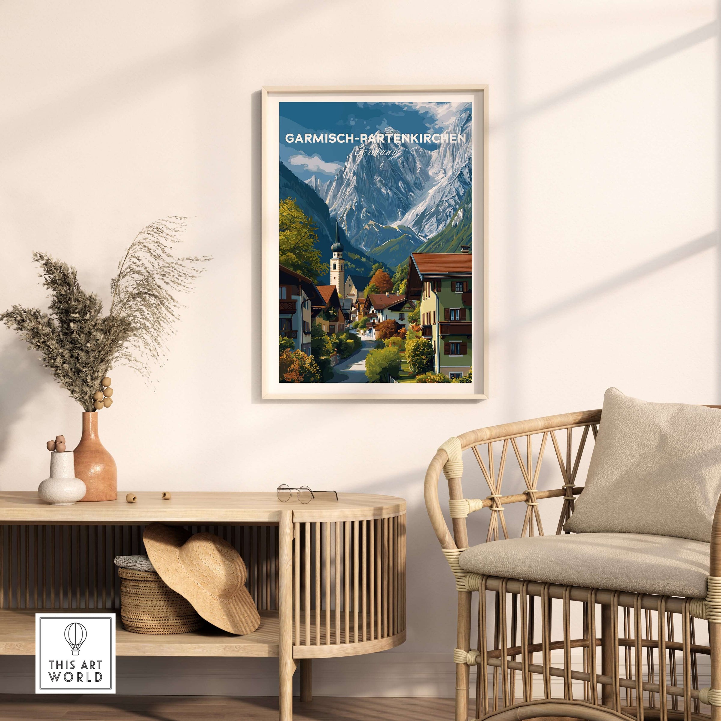 Garmisch-Partenkirchen Print | Bavarian Home Decor featuring stunning Alpine landscape in a cozy interior setting.