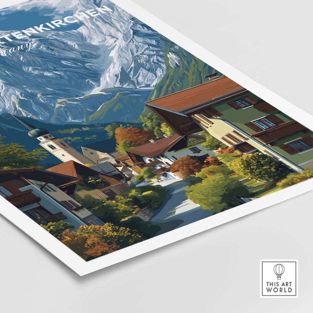 Garmisch-Partenkirchen Print | Bavarian Home Decor showcasing a scenic alpine village with mountains in the background.