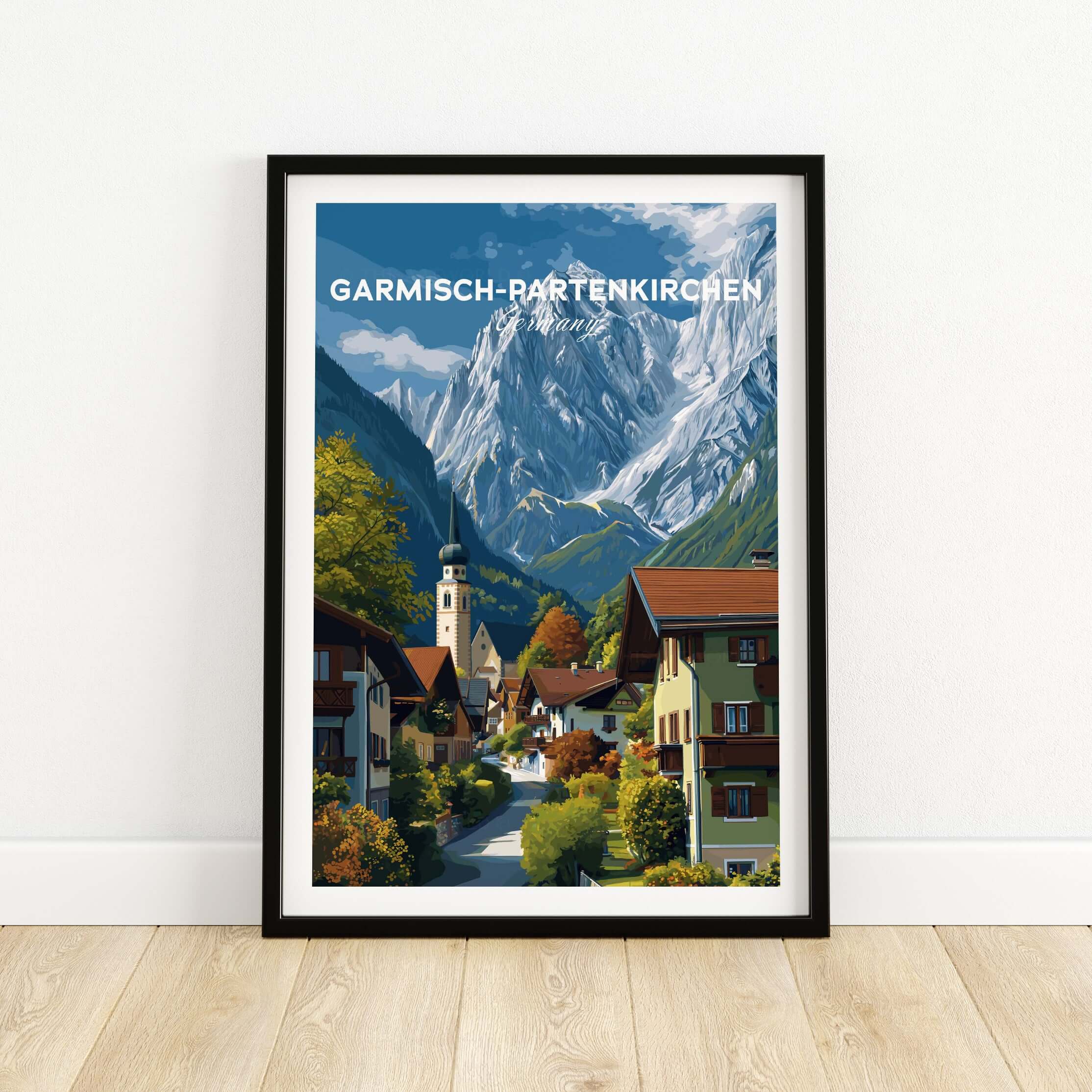 Garmisch-Partenkirchen Print | Bavarian Home Decor showcasing a scenic alpine landscape and charming village.