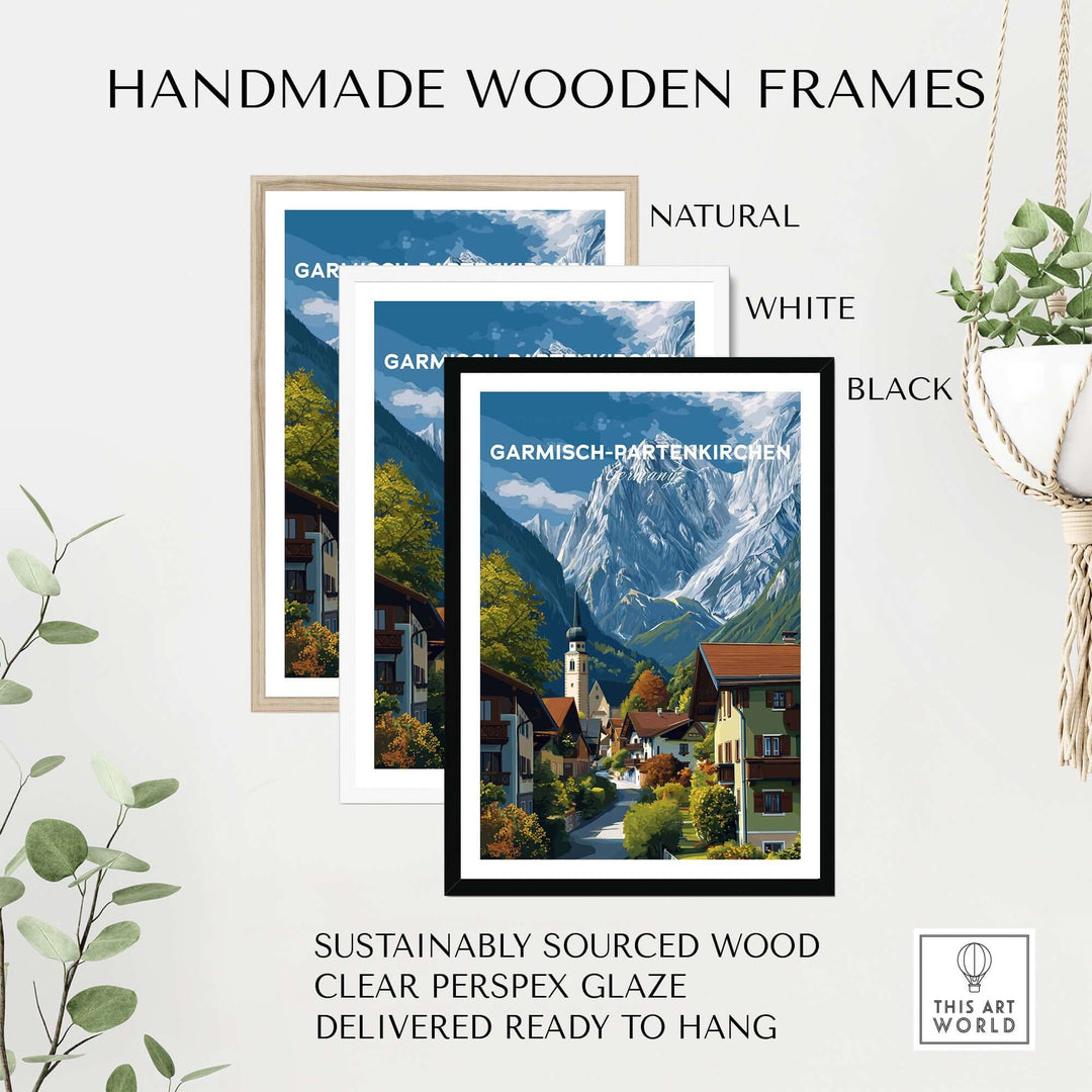 Garmisch-Partenkirchen Print | Bavarian Home Decor displayed in handmade wooden frames in natural, white, and black.